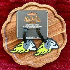 Von Dutch Neon Green & Black Skull Luggage Tags - Pair